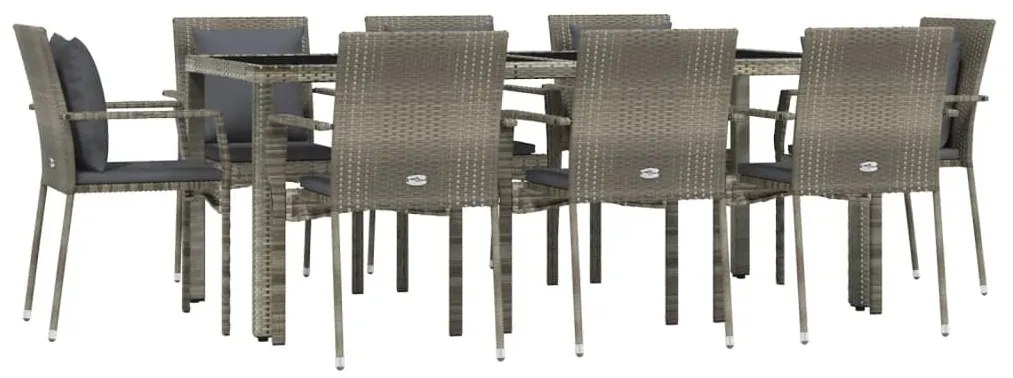 9 pcs conjunto de jantar p/ jardim c/ almofadões vime PE cinza