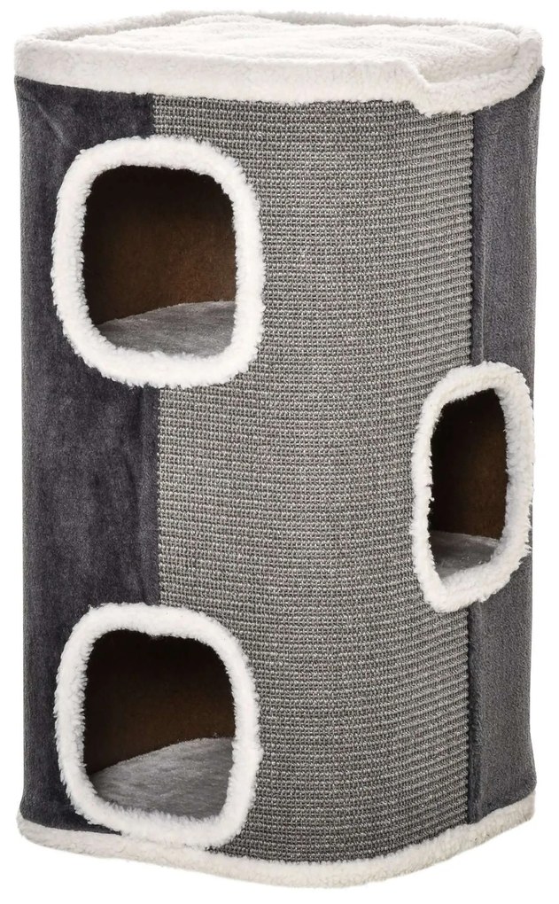 PawHut Arranhador Cilindro Gatos 3 Cavernas Sisal Pelúcia Plataforma Velo 40x40x74cm Cinza