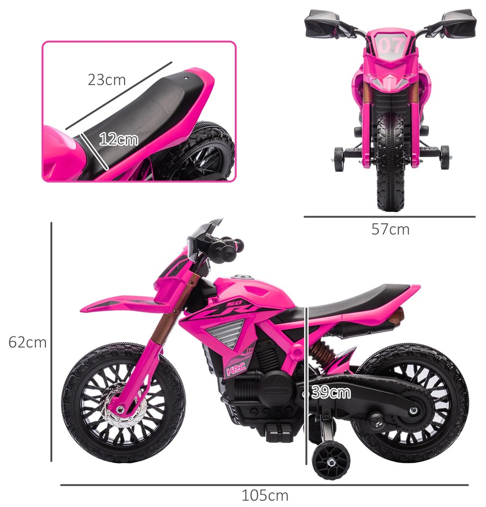 Mota Elétrica para Crianças Moto a Bateria para Crianças 6V com Rodas de Treino e Buzina 105x57x62 cm Rosa