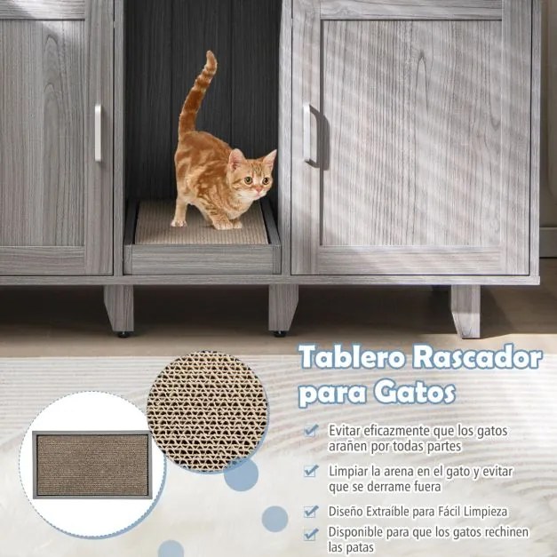 Móvel para gatos para a caixa de areia com tábua de raspar escondida e  e pernas de madeira amovíveis 120 x 52 x 65 cm Cinza escuro