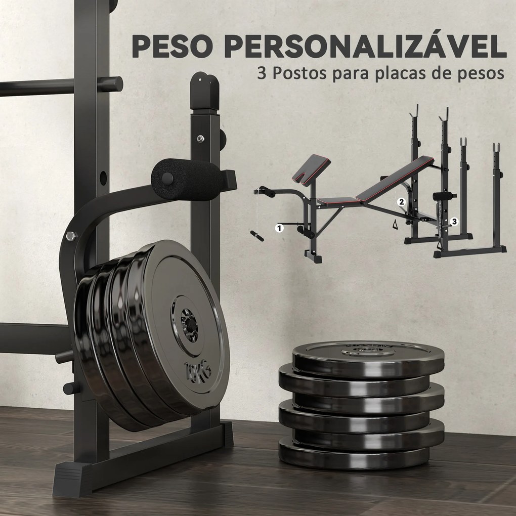 Banco de Musculação Dobrável Banco Multifunções com Suportes para Barras e Encosto Ajustável para Treino Completo de Corpo Preto
