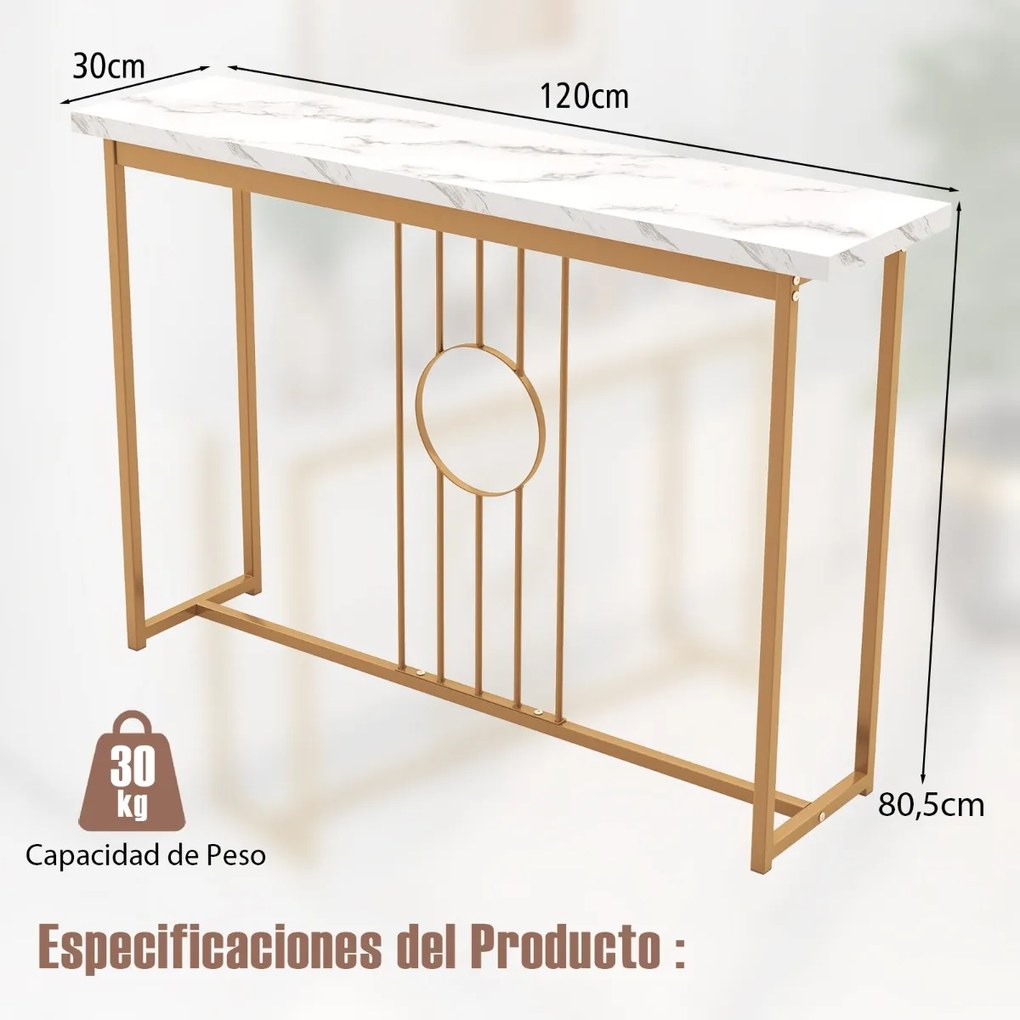 Mesa Consola de Entrada Moderna Mesa Auxiliar Grande com tampo imitação mármore 120 x 30 x 80,5 cm Dourada e branca