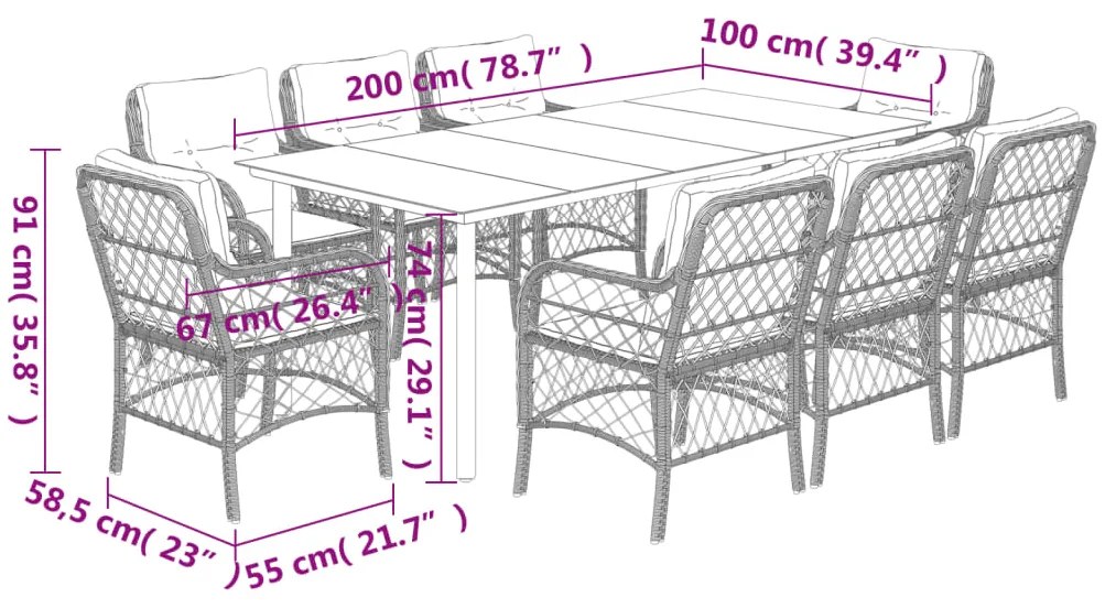 9 pcs conjunto de jantar p/ jardim c/ almofadões vime PE cinza