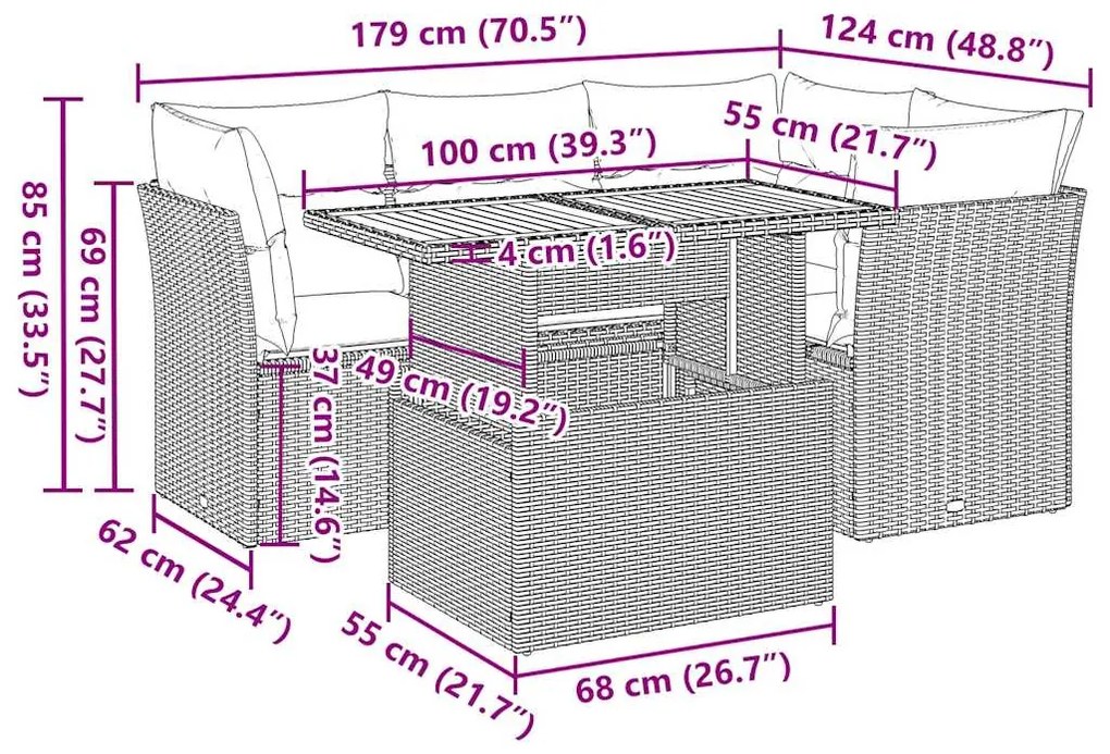 5 pcs conjunto sofás de jardim c/ almofadões vime PE cinzento