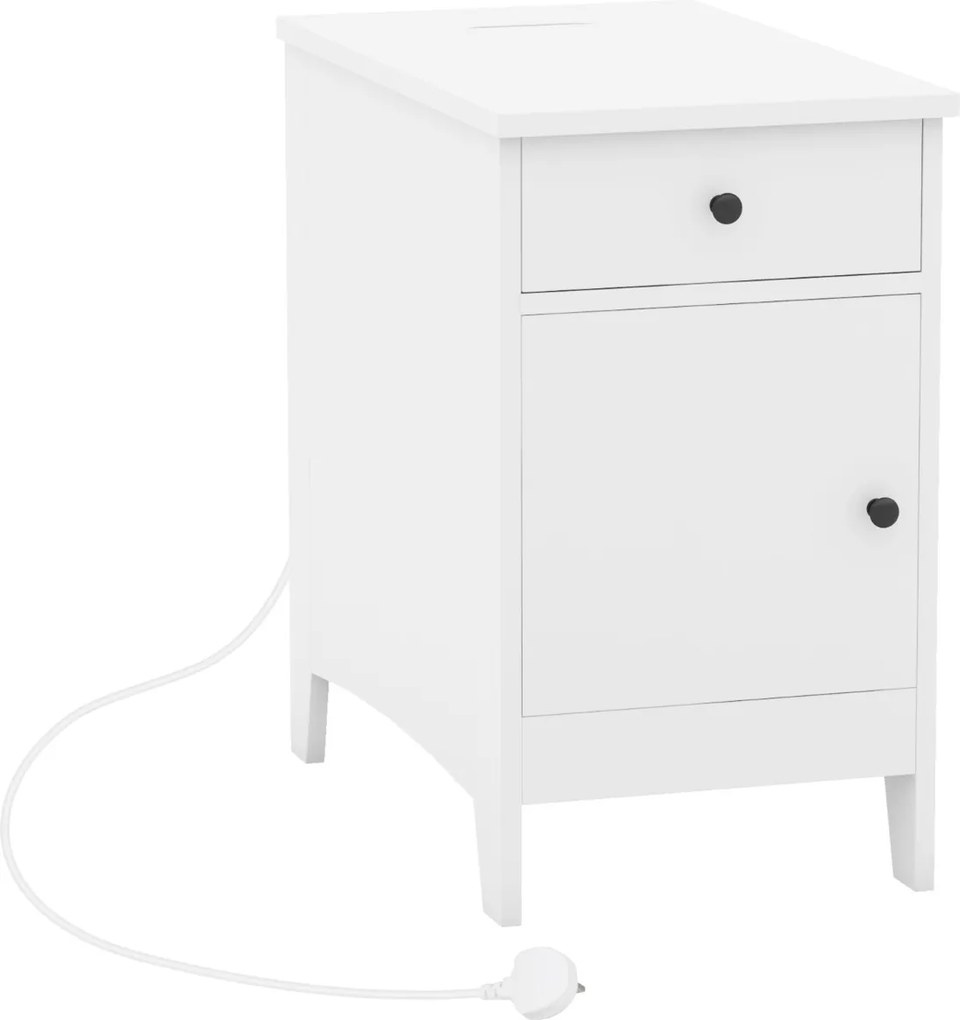 Mesa de apoio ou mesa de cabeçeira com estação de carregamento, porta USB e tomadas com gaveta branco
