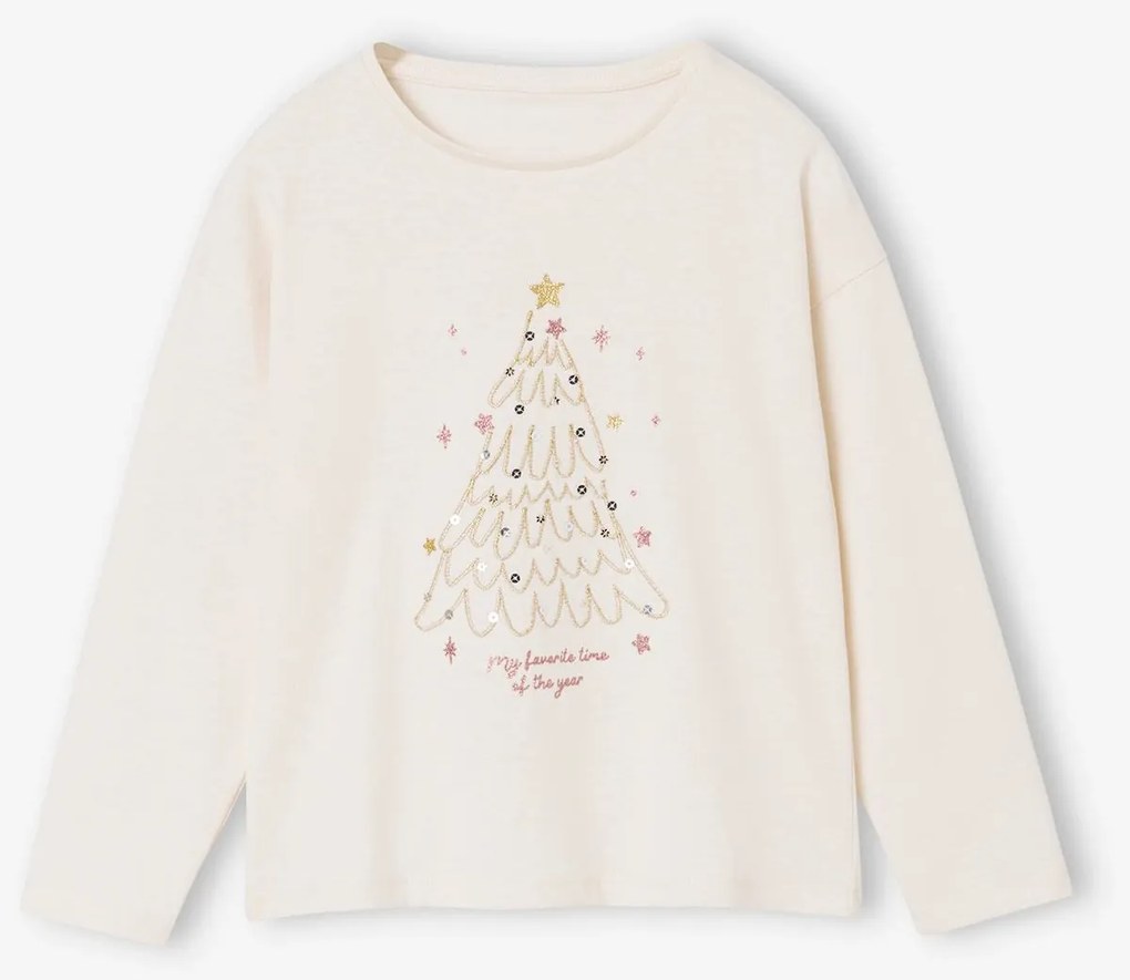 Camisola de Natal com motivo de árvore de Natal brilhante e mangas compridas, para menina cru