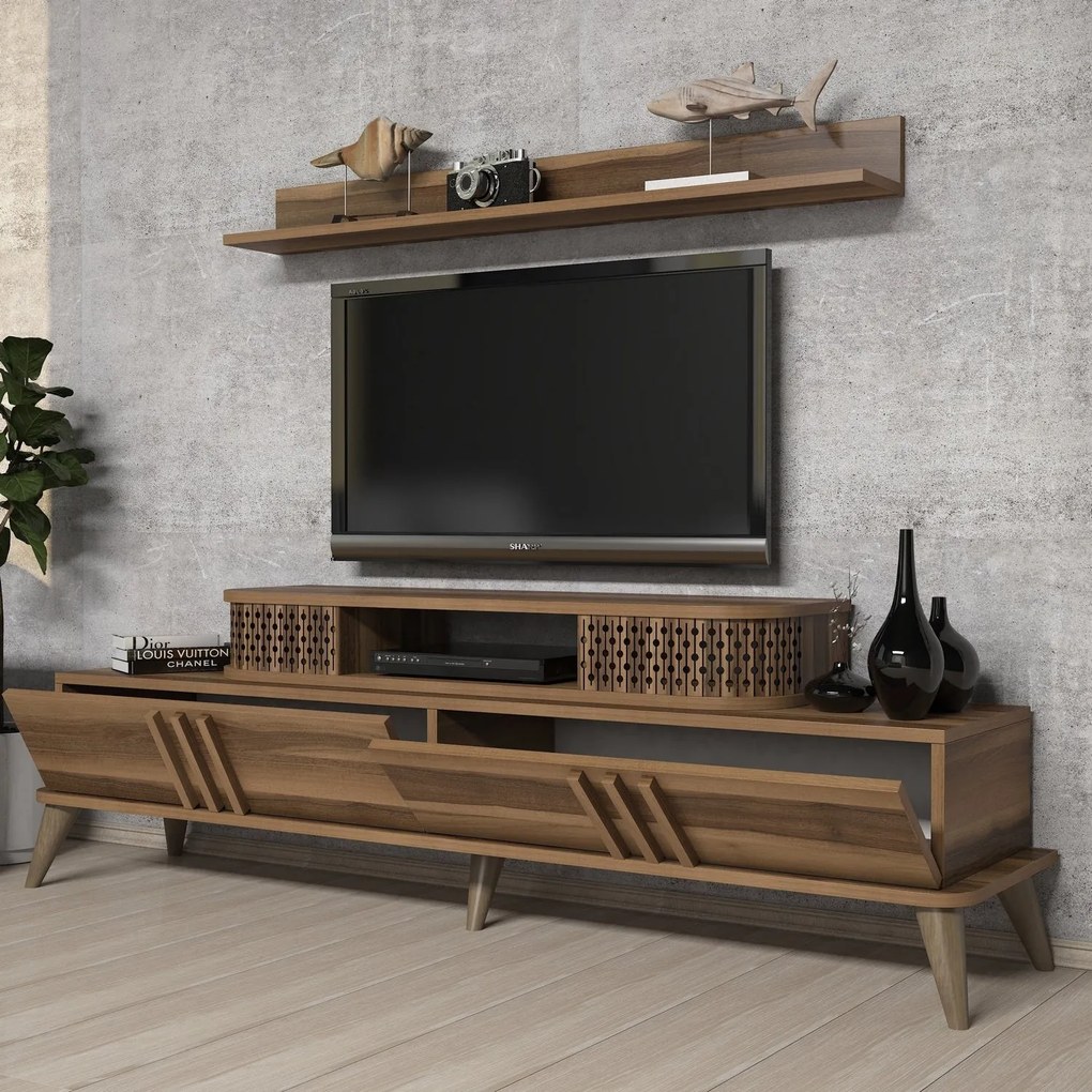 Conjunto de Mobiliário de Sala de Estar Eylül – Nogueira – TV: 168x51,