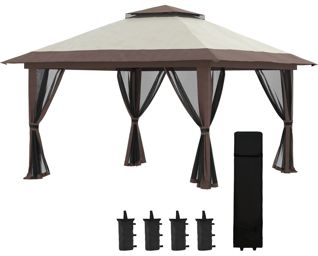 Outsunny Tenda Dobrável Pop-UP 3,92x3,92x2,83 m com Altura Ajustável Proteção UV50+ Rede Mosquiteira e Bolsa de Transporte Bege e Marrom