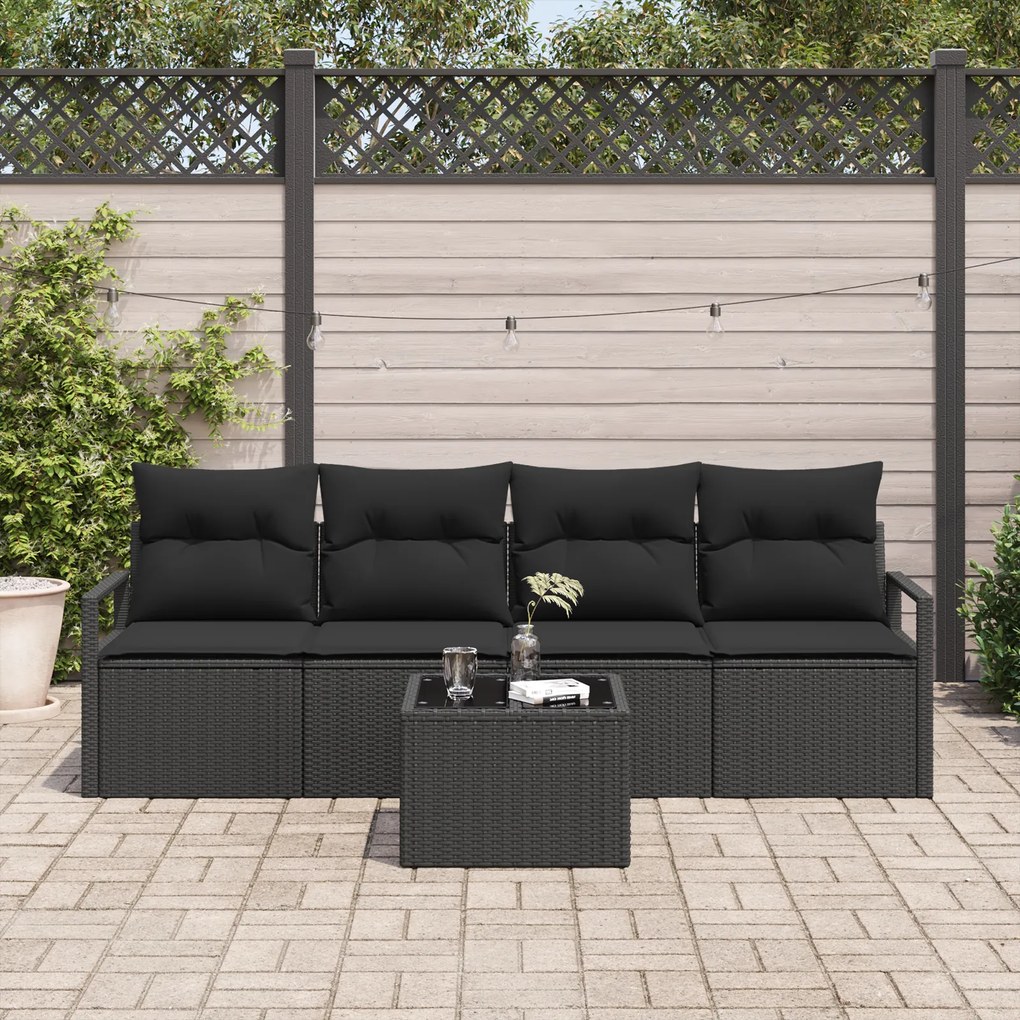 Conjunto de Sofá de Jardim vidaXL de 5 Peças com Almofadas Preto Vime