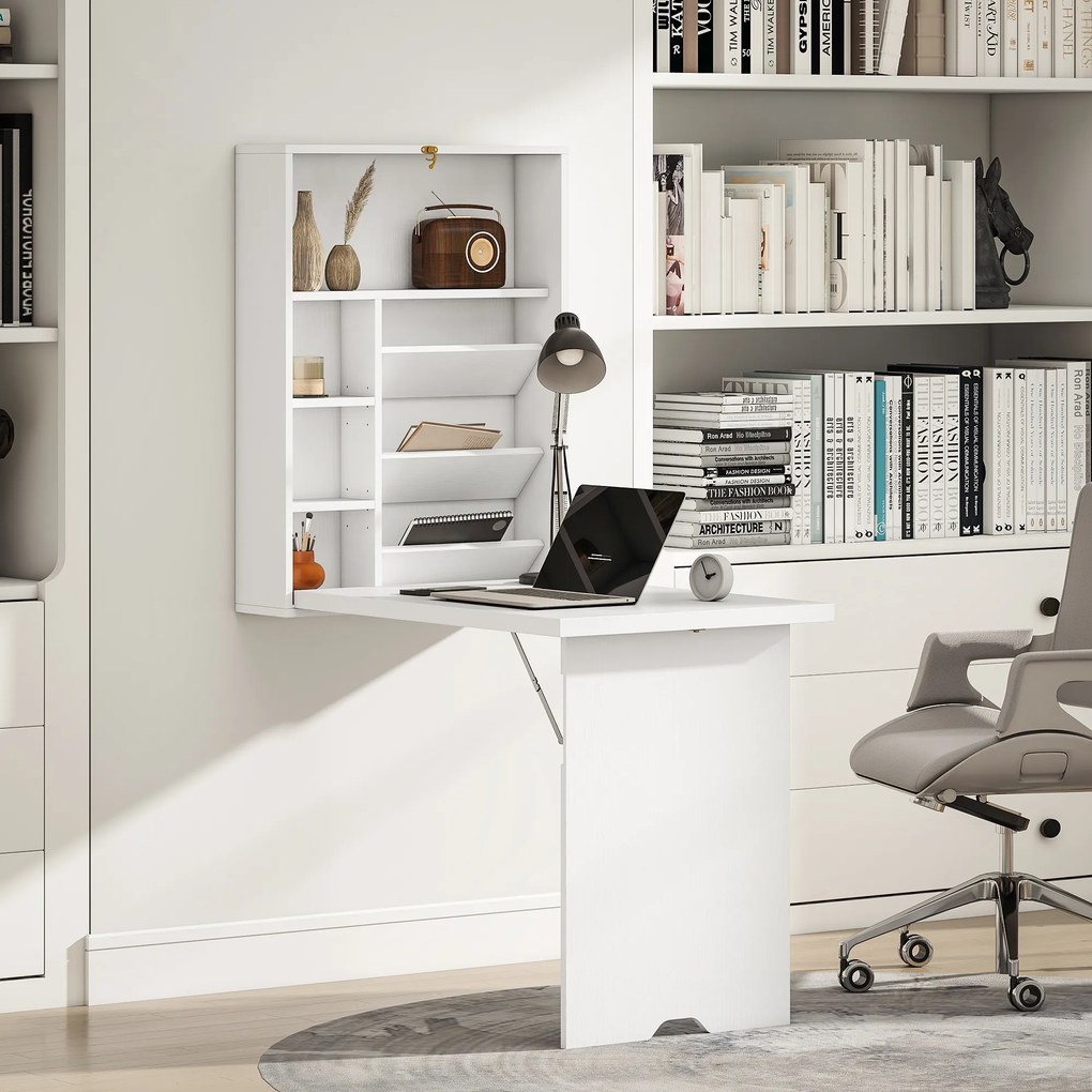 Secretária dobrável de parede, mesa dobrável de parede com prateleiras para sala de estar, sala de jantar, escritório, 93,8 x 60 x 147 cm, branco