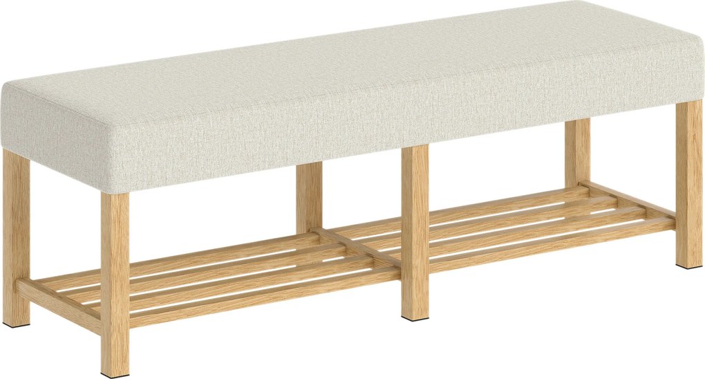 HOMCOM Banco Sapateira com Assento Acolchoado para 2 Pessoas Prateleira Aberta Estrutura de Madeira 140x44x48 cm Creme e Madeira | Aosom Portugal