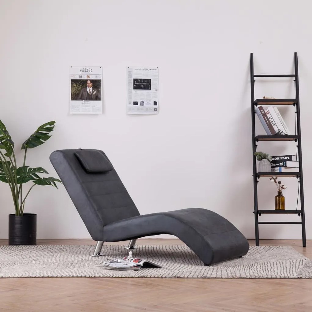 vidaXL Chaise longue com almofada camurça artificial cinzento