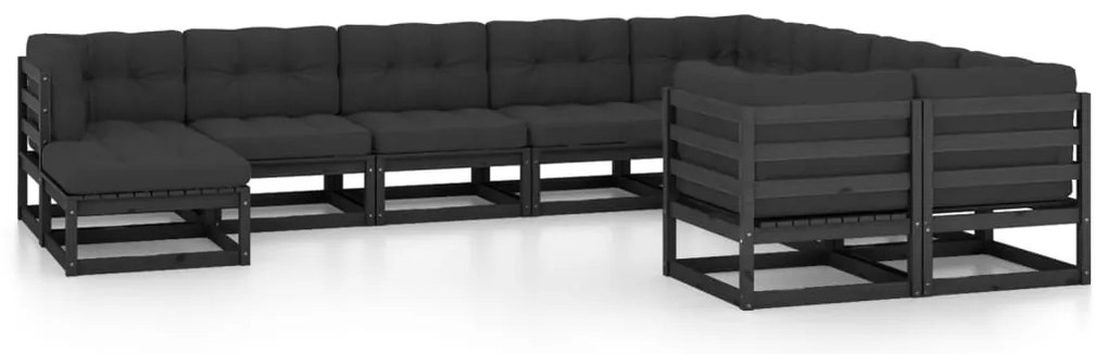 10 pcs conjunto lounge jardim c/ almofadões pinho maciço preto