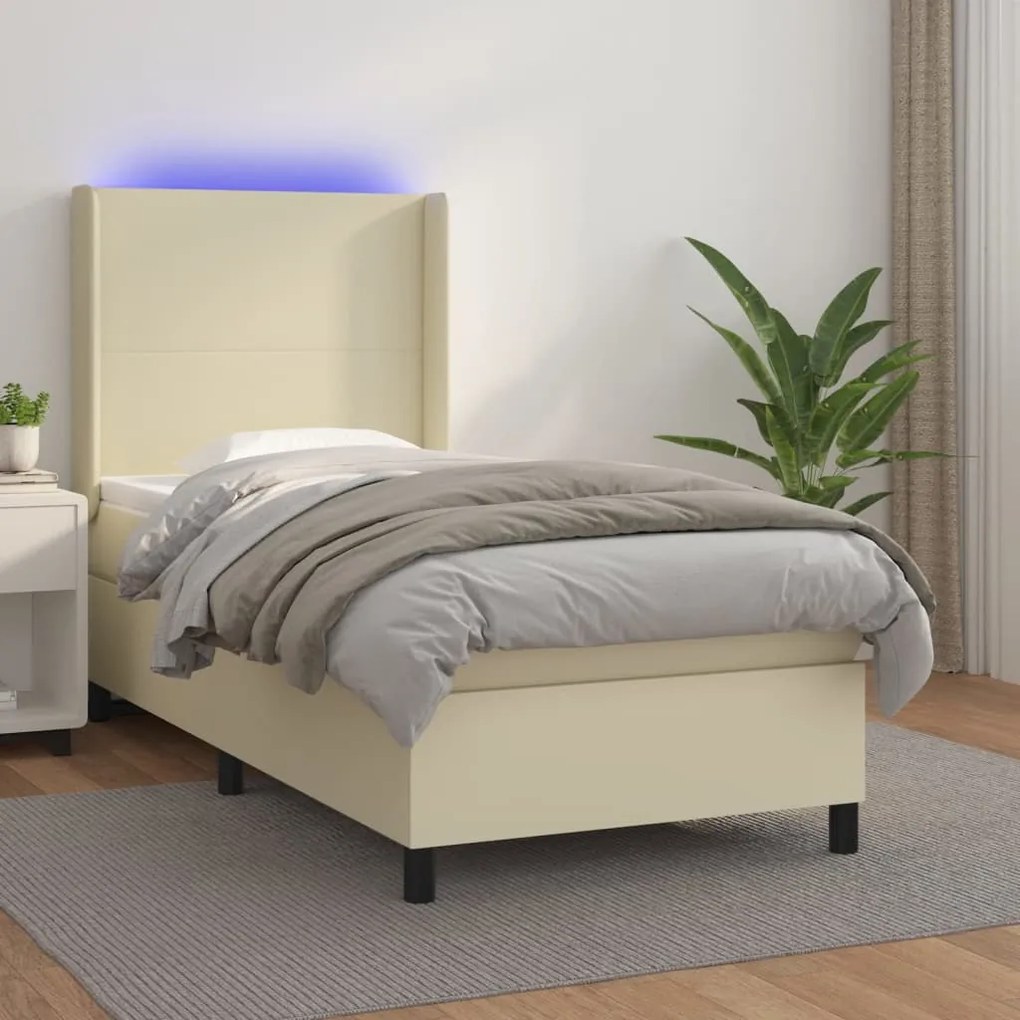 vidaXL Cama box spring c/ colchão/LED 90x200 cm couro artificial creme