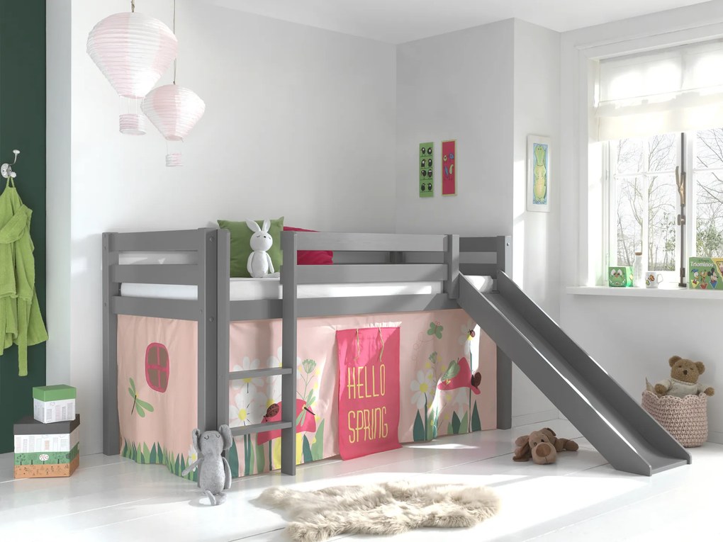 Conjunto Cama alta de Criança PINO 90 x 200 cm + estrado + escada + escorrega + cortina Primavera Cinzenta