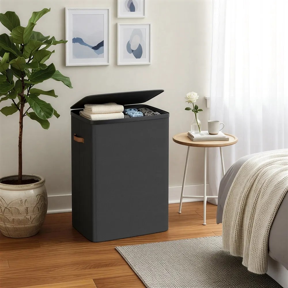 Cesto da roupa suja, cesto de 170 L com 2 compartimentos 56 x 40 x 75 cm, preto