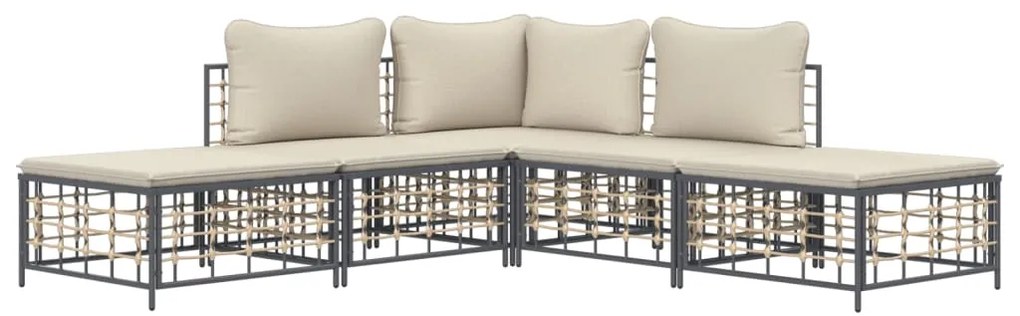 5 pcs conjunto lounge de jardim c/ almofadões vime PE antracite