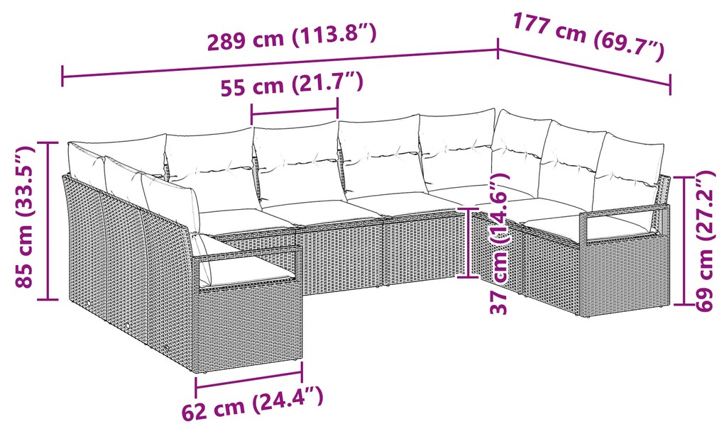 Conjunto de Sofá de Jardim com 9 Peças e Almofadas Bege de Vime Poli