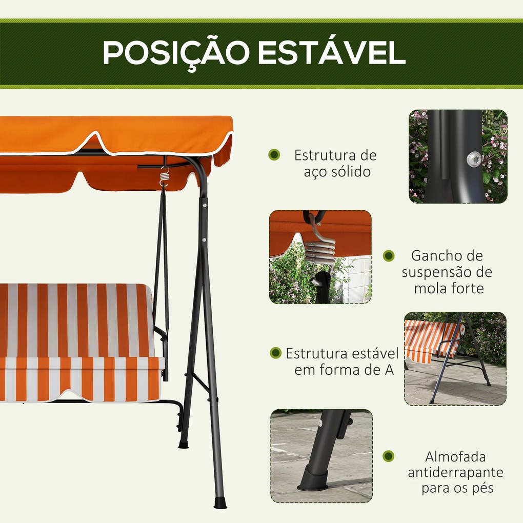 Baloiço de Jardim Exterior de 3 Lugares com Toldo Ajustável e Estrutura de Aço 172x110x153 cm Laranja