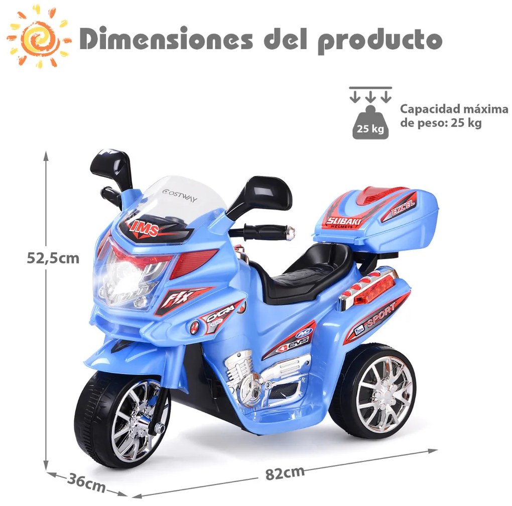 Moto eléctrica para crianças com bateria 6 V com 3 rodas Música incorporada, luzes, velocidade para a frente e marcha-atrás Azul