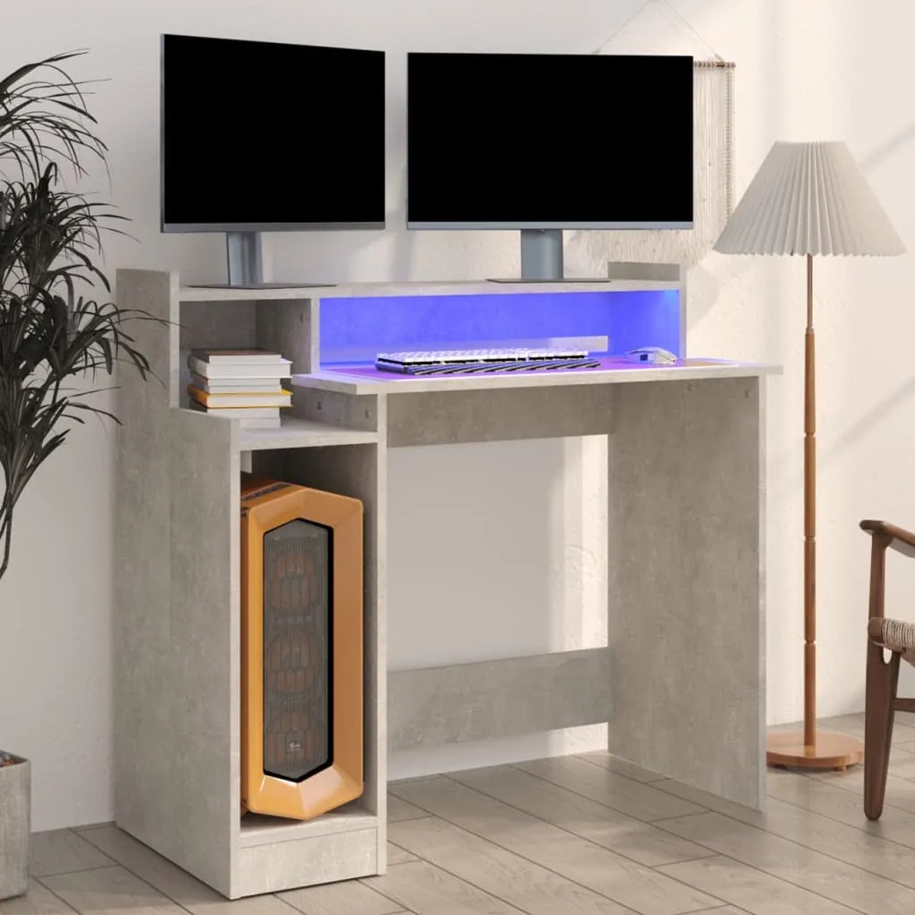 vidaXL Secretária c/ LED 97x45x90cm derivados madeira cinzento cimento
