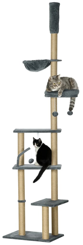 PawHut Arranhador Gatos Solo Teto 230250 cm Altura Ajustável Múltiplas Plataformas Rede Bolas Suspensas Confortável Cinza