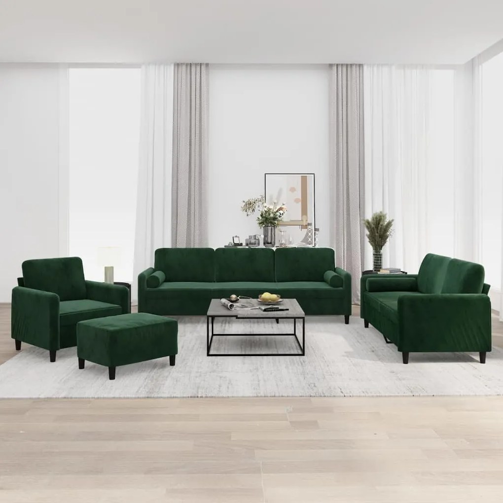 vidaXL 4pcs conjunto sofás c/ almofadas/almofadões veludo verde-escuro
