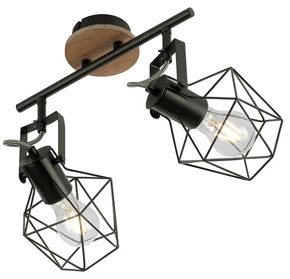 Foco industrial preto com madeira 2 luzes - Sven Moderno