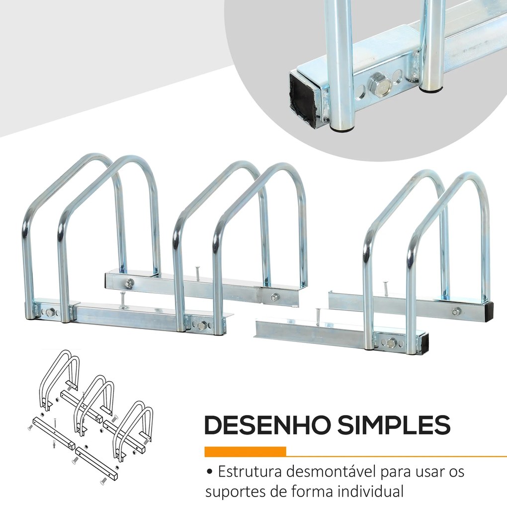 HOMCOM Estacionamento para 3 Bicicletas Suporte de Aço para Estacionar Bicicletas no Chão para Interior e Exterior 70,5x33x27cm Prata