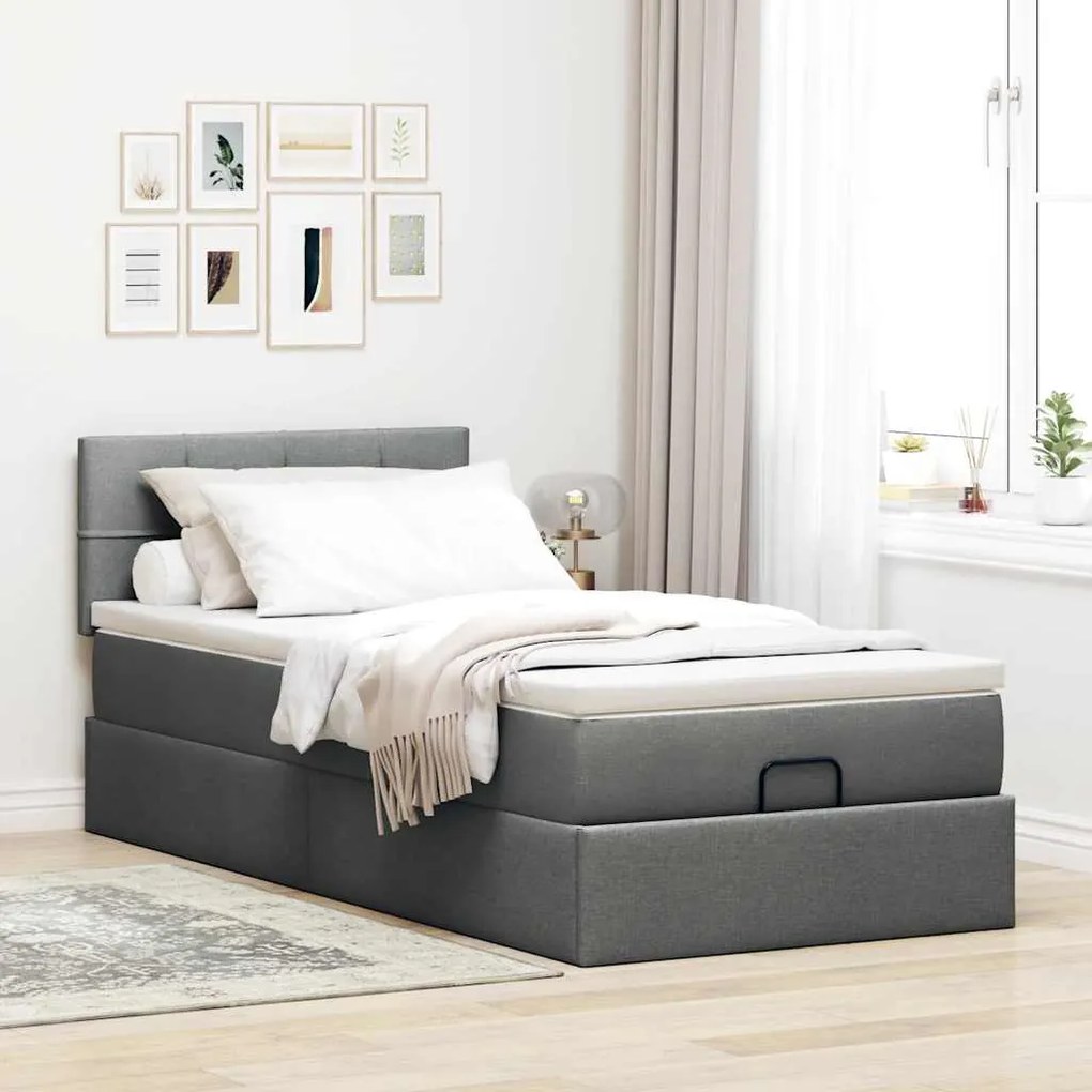 Cama otomana com colchão & LEDs 90x200cm tecido cinzento escuro