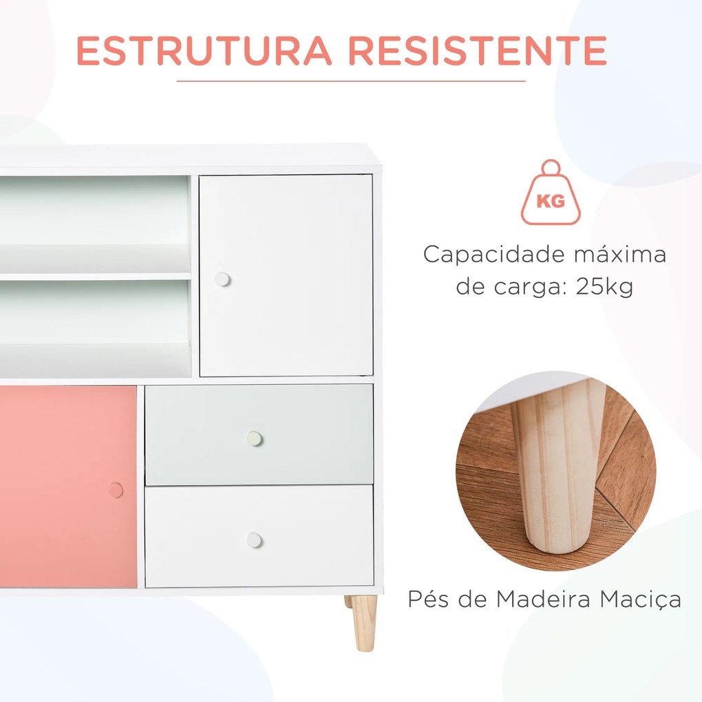 HOMCOM Móvel Infantil Cómoda para Crianças com 2 Compartimentos 2 Gavetas e 2 Armários para Armazenamento de Livros Brinquedos Roupa 80x30x85cm Coral Verde Menta Branco