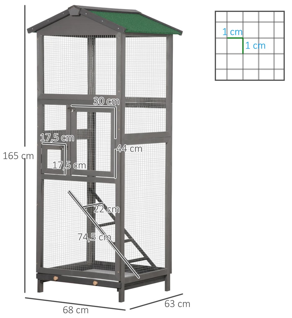 Gaiola para Pássaros Grande 68x63x165 cm Gaiola de Madeira de Abeto com 2 Portas Bandeja Amovível e Teto Asfáltico Cinza