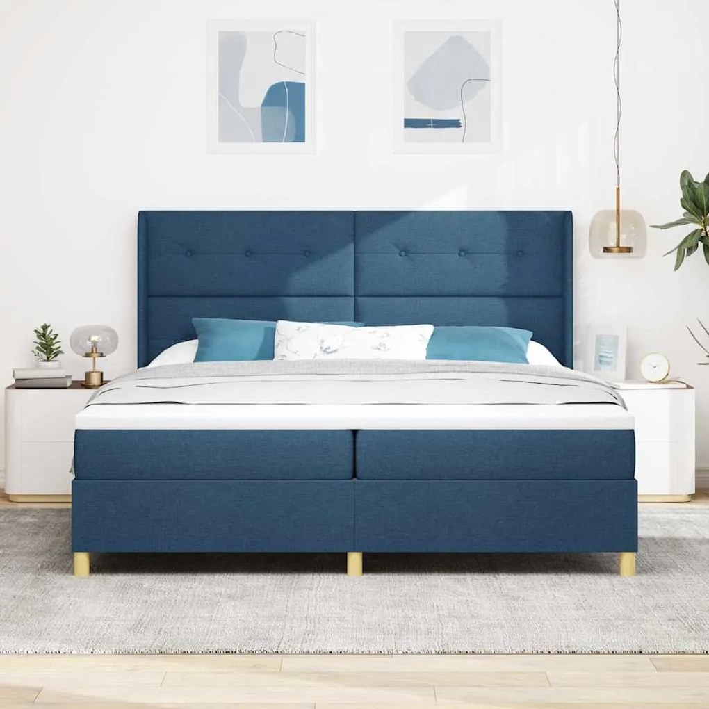 vidaXL Cama Box com colchão com cabeceira Azul 200 x 200 cm tecido
