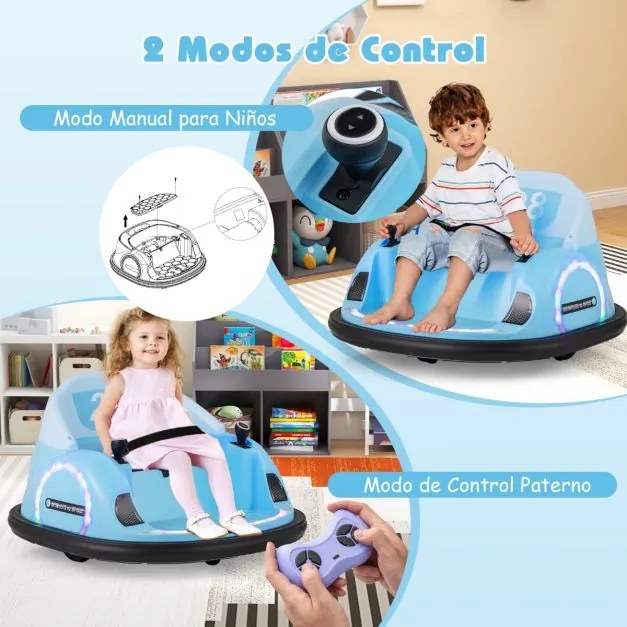 Carrinho de choques para crianças a bateria 6V  com luzes LED Ligação sem fios Música e som  360° Azul