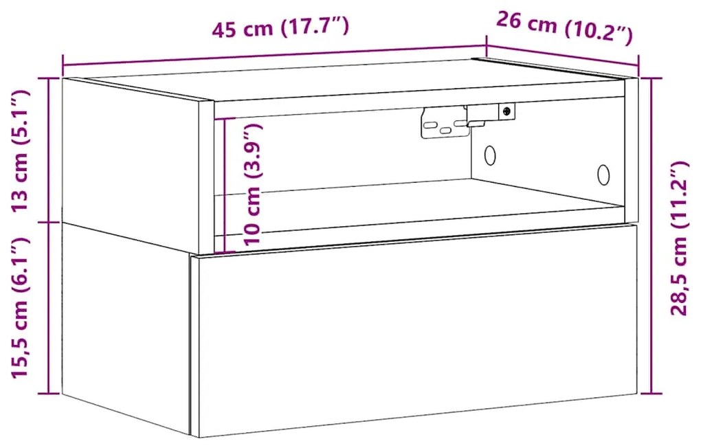 Mesas de cabeceira de parede 2 pcs 45x26x28,5cm cinzento sonoma