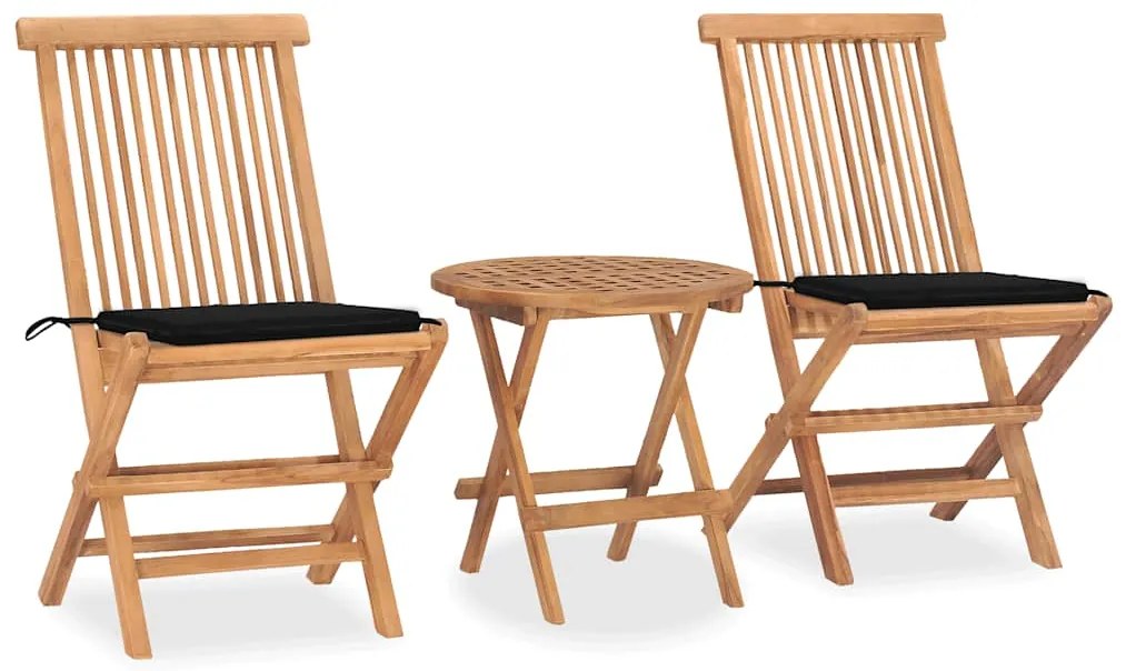 vidaXL 3 pcs conj. jantar dobrável exterior c/ almofadão teca maciça