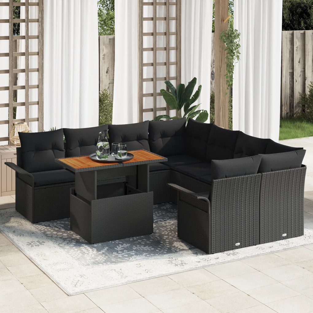 Conjunto de Sofá de Jardim vidaXL com Almofadas Preto Rattan de Poliet
