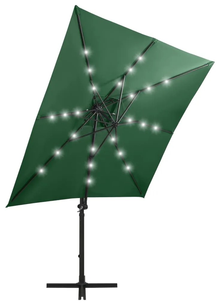 Guarda-sol jardim cantilever c/ poste e luzes LED 250 cm verde