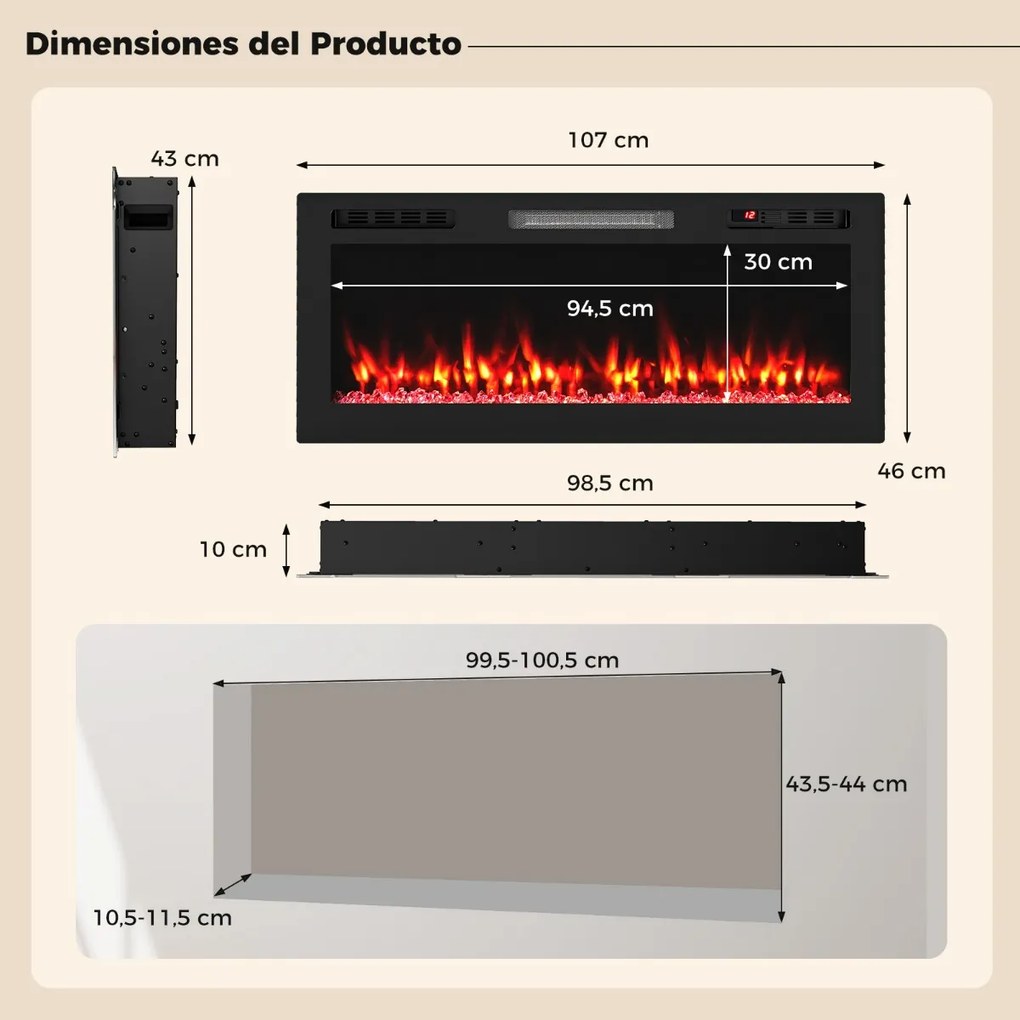 Lareira elétrica 91,4 x 10 x 46 cm 750 W/1500 W embutir na parede compatível com Alexa e Google Assistant com APP e comando Preto