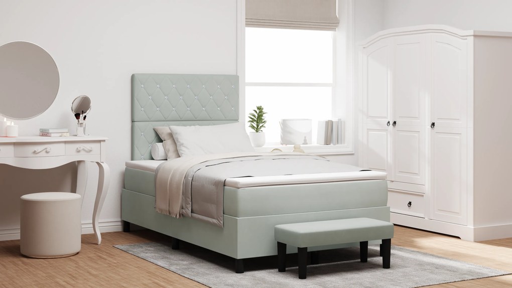 Cama Box Spring com Colchão e Banco Cinza Claro 120x200 cm Veludo