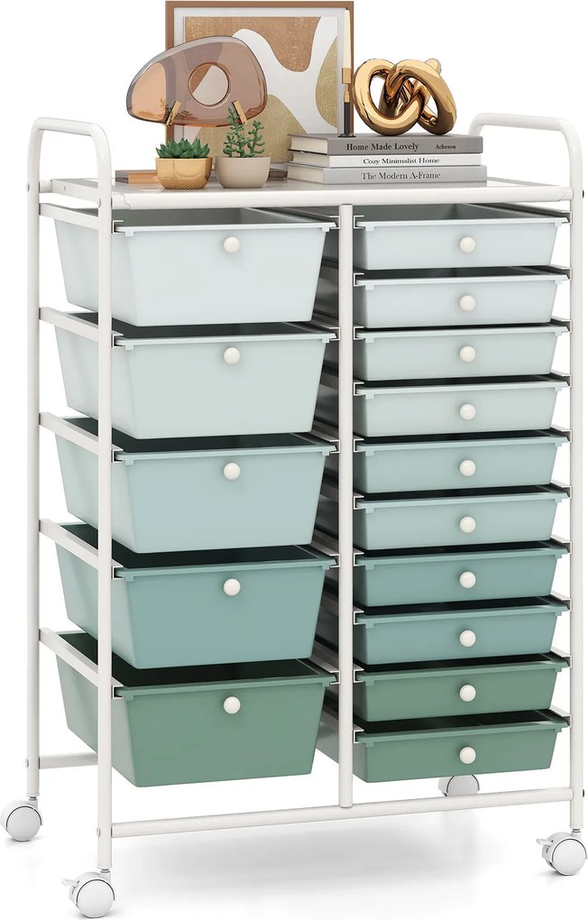 Carrinho de Arrumação, 63 x 37 x 87 cm, 15 Gavetas Removíveis, Verde