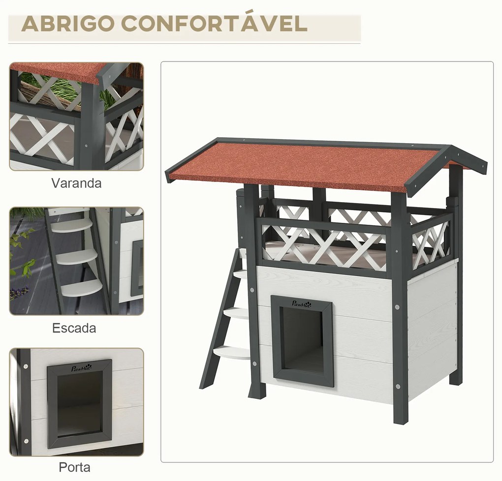 Casa para Gatos de Madeira 77x50x73cm Casa para Gatos com 2 Níveis com Teto Asfáltico Terraço Cercado Caverna e Escada Branco
