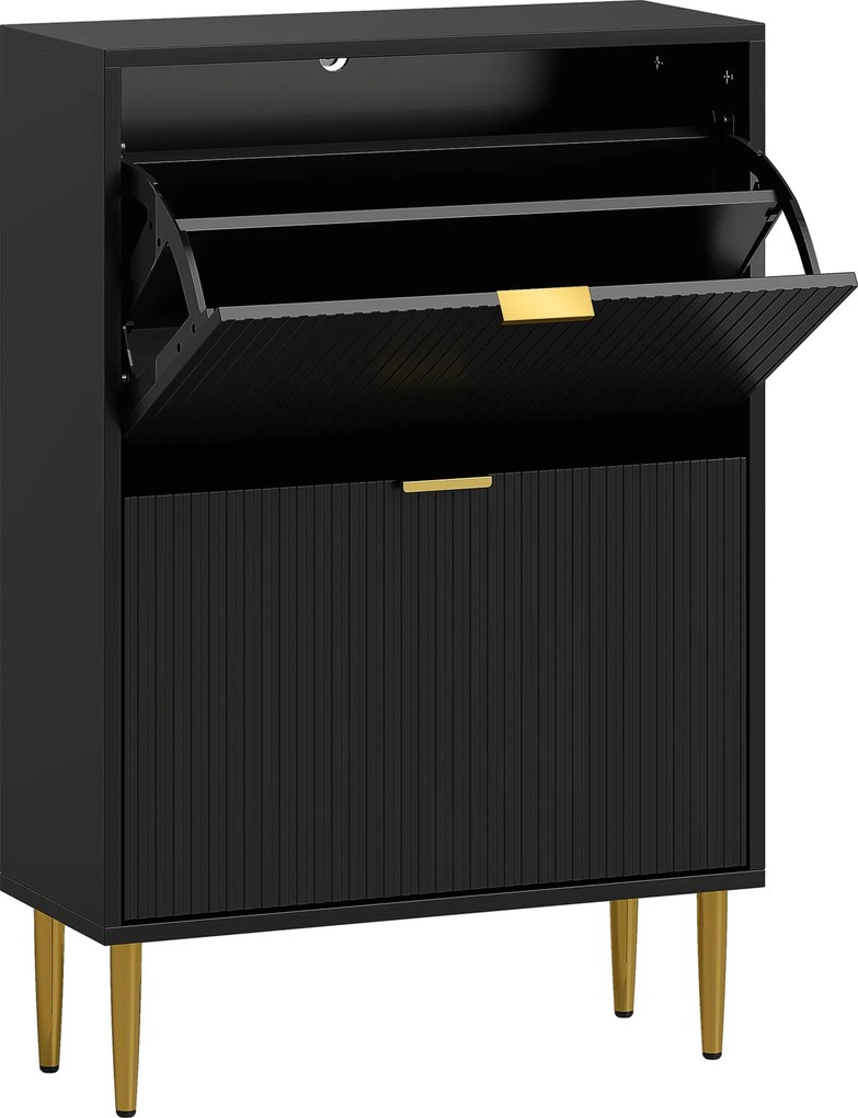 HOMCOM Sapateira Estreita com 2 Portas Caneladas e Prateleiras Ajustáveis para 12 Pares de Sapatos, 60x24x91,5 cm, Preto | Aosom Portugal