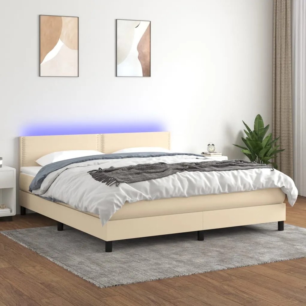 Cama box spring c/ colchão e LED 160x200 cm tecido cor creme