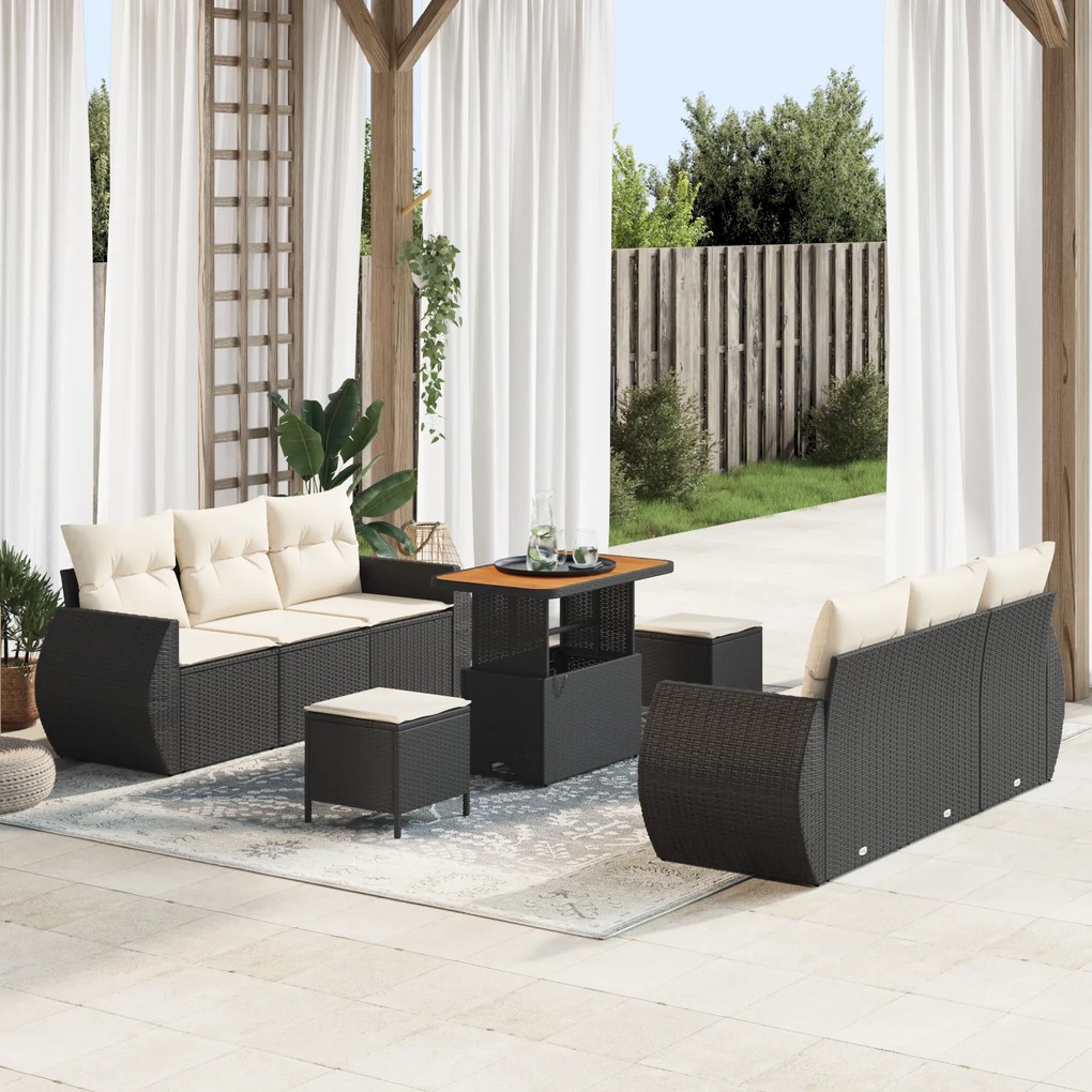 Conjunto de Sofá de Jardim vidaXL de 9 Peças com Almofadas Preto Ratta