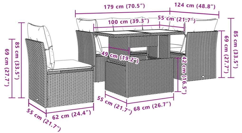 6 pcs conjunto de sofás p/ jardim com almofadões vime PE bege