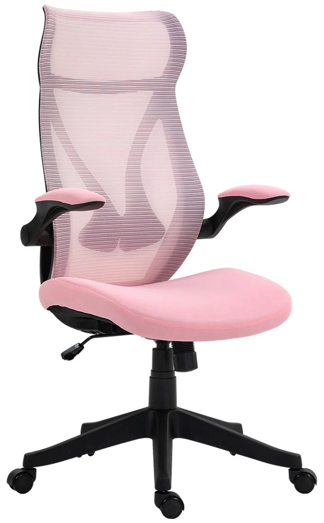 HOMCOM Cadeira de Escritório Giratória com Altura Ajustável Apoio para os Braços Dobráveis e Função Basculante 66x66x113-121 cm Rosa