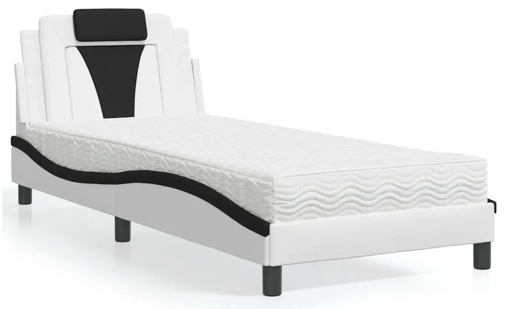 Cama com colchão 90x200 cm couro artificial branco e preto