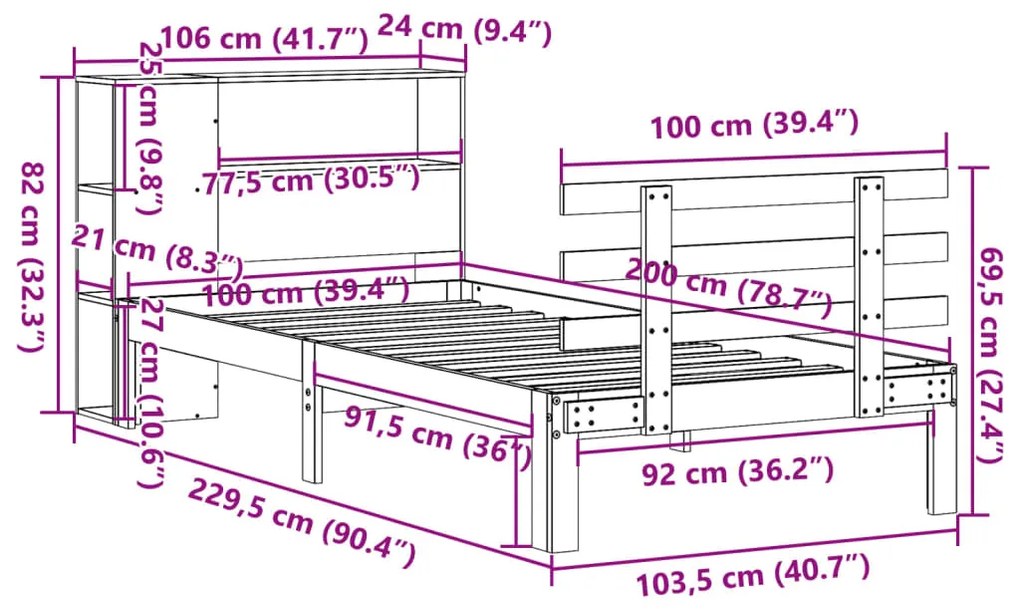 Cama c/ estante sem colchão 100x200cm pinho maciço castanho-mel