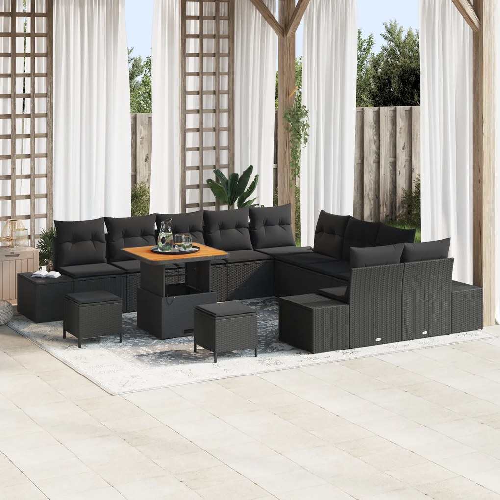 Conjunto de Sofá de Jardim vidaXL 13 Peças com Almofadas Preto Vime Si